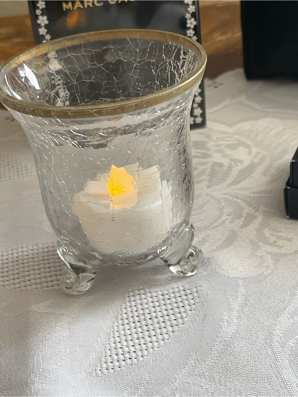 3.25" Vintage Crackle Glass Footed Tea Light Candle Holder Gold Painted Rim